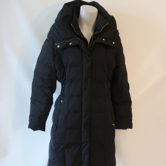 Womens Cole Haan Black Down Cluster With Feather Fill Hooded Midi Puffer Coat L - Picture 4 of 16